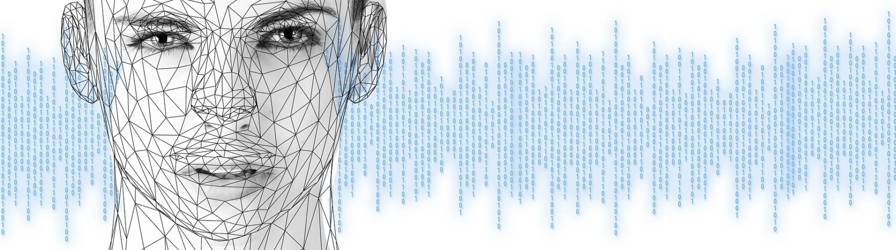 A 3D model of a face with zeros and ones behind it. 