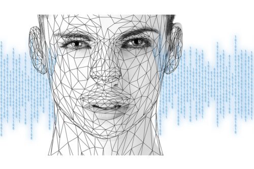 A 3D model of a face with zeros and ones behind it. 